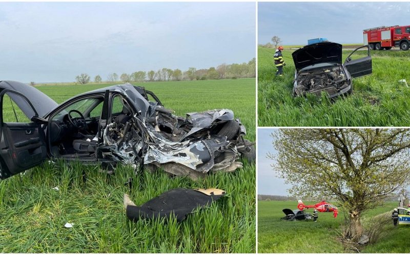 Tânăr mort într-un accident grav! A rămas blocat în mașina zdrobită în impactul cu un copac