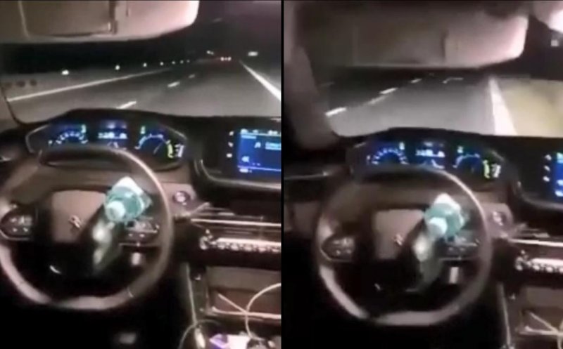 Un șofer a ajuns în șanț după ce a blocat volanul cu o sticlă și s-a așezat pe bancheta din spate: „Mașina merge singură”